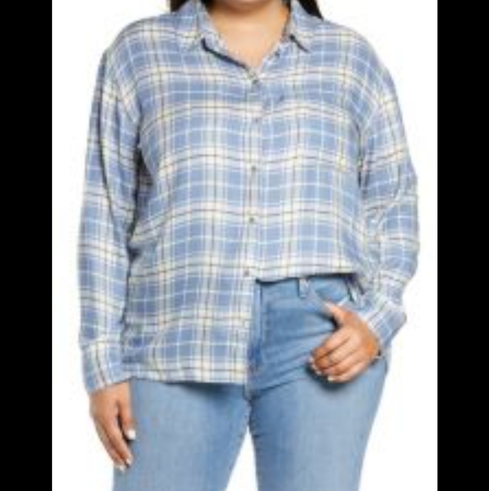 428-Nwot Treasure & Bond Light Blue Plaid Casual Shirt Oversized - Picture 7 of 7